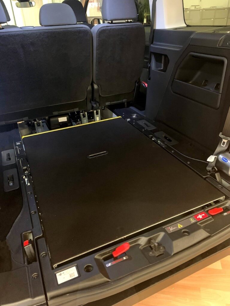 Ford Tourneo Connect Grand XL Flexi Ramp showing ramp folded flat inside the vehicle for use as a standard car boot